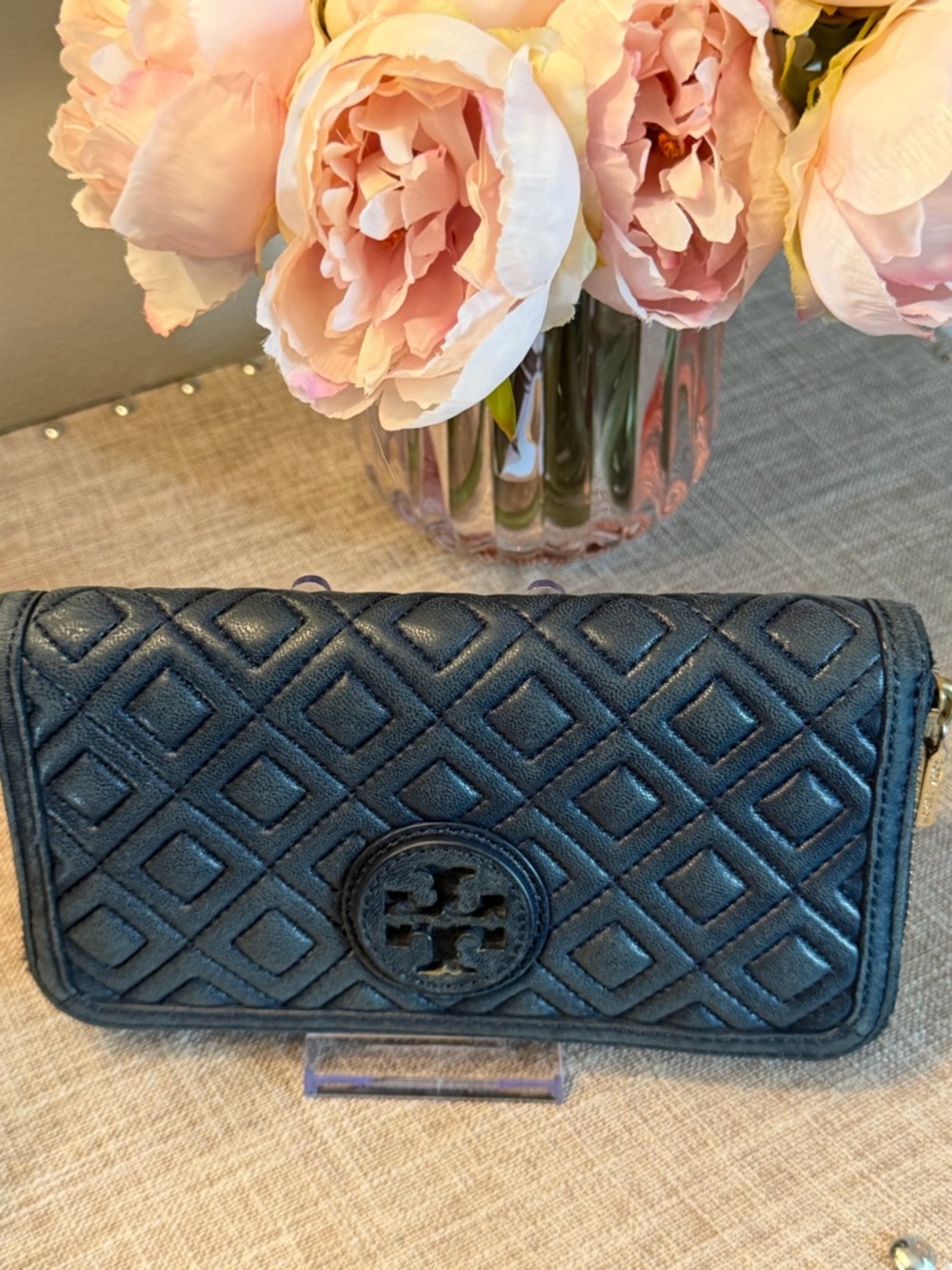 Tory Burch Blue super soft Quilted Logo Wallet ziparound